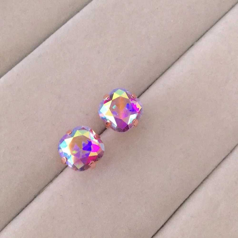 Violet Aurora Borealis + Rose Gold Cushion Cut Crystal Earrings